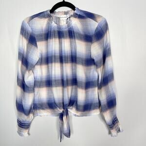 New Bella Dahl Small Blue Pink Plaid Tie Front Long Sleeve Blouse Top Crew Neck